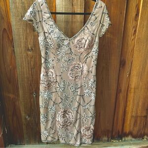 Sue Wong Nocturne Taupe Floral Dress Embroidered w Sequins and Beading Size 8